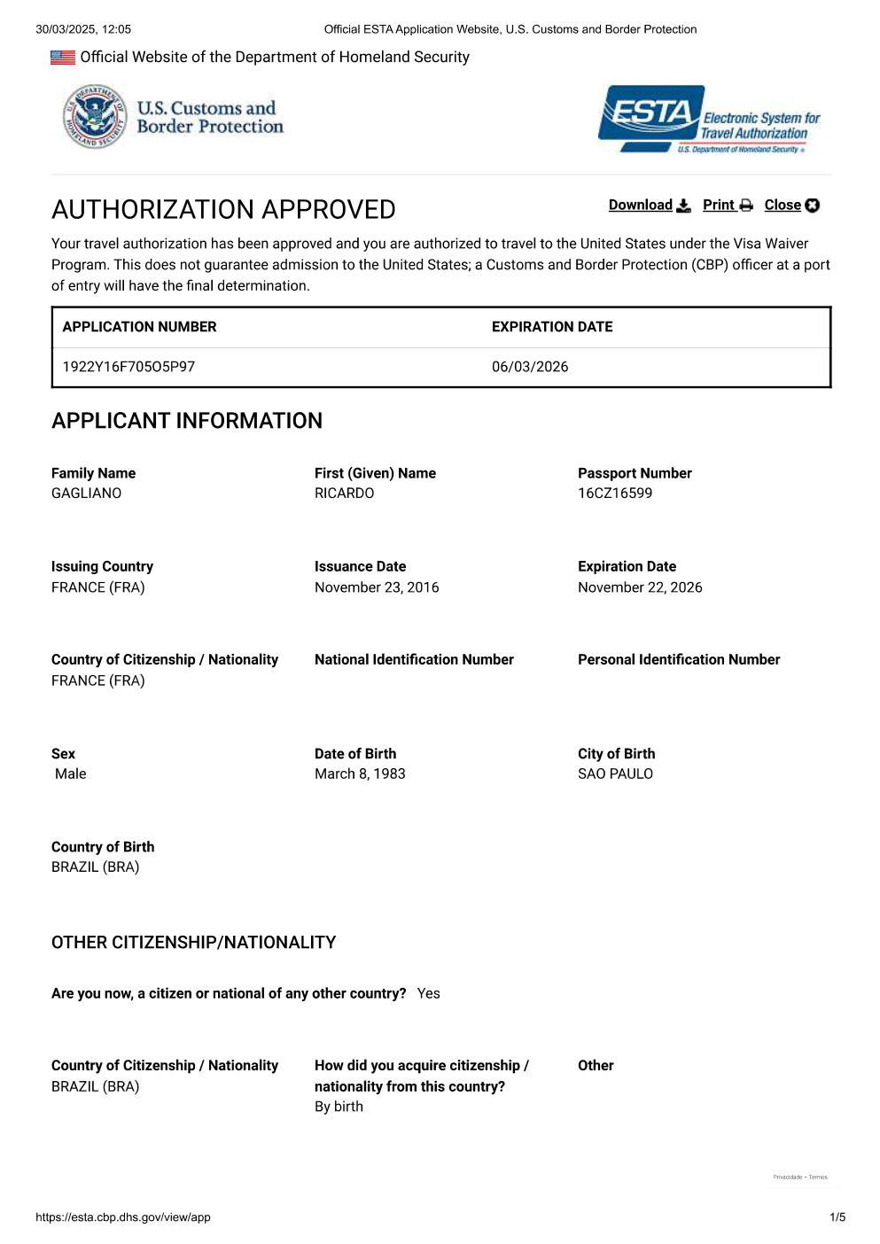 ESTA Application 2025 página 1